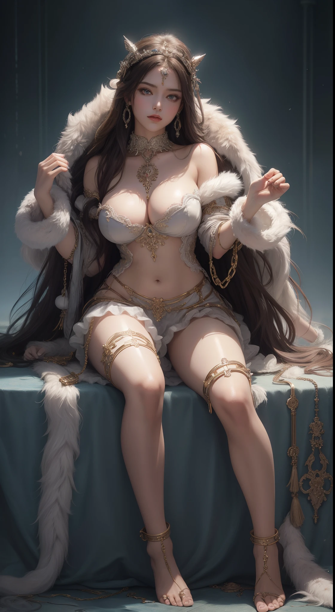 tmasterpiece，Highest image quality，Beautiful full body of a humble sex slave，Clear  eyes，Decorated with metal collars and fur garments，metalcollar，Barefoot，handcuff，gender ，Ultra-detailed details，advanced，At the Pixiv Art Station，Break your own power，Luigi，Big breasts exposing cleavage，R-18G