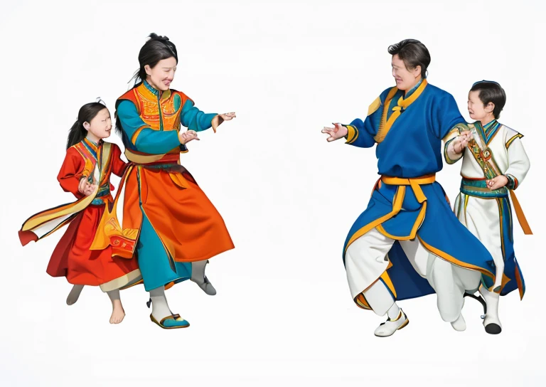 Mongolian, family of four, Mongolian, joy, happy, happiness, ethnic minority, illustration, HD 4K, fine hair, high quality, white background, fine hands, fine facial features, good facial features, reasonable hands