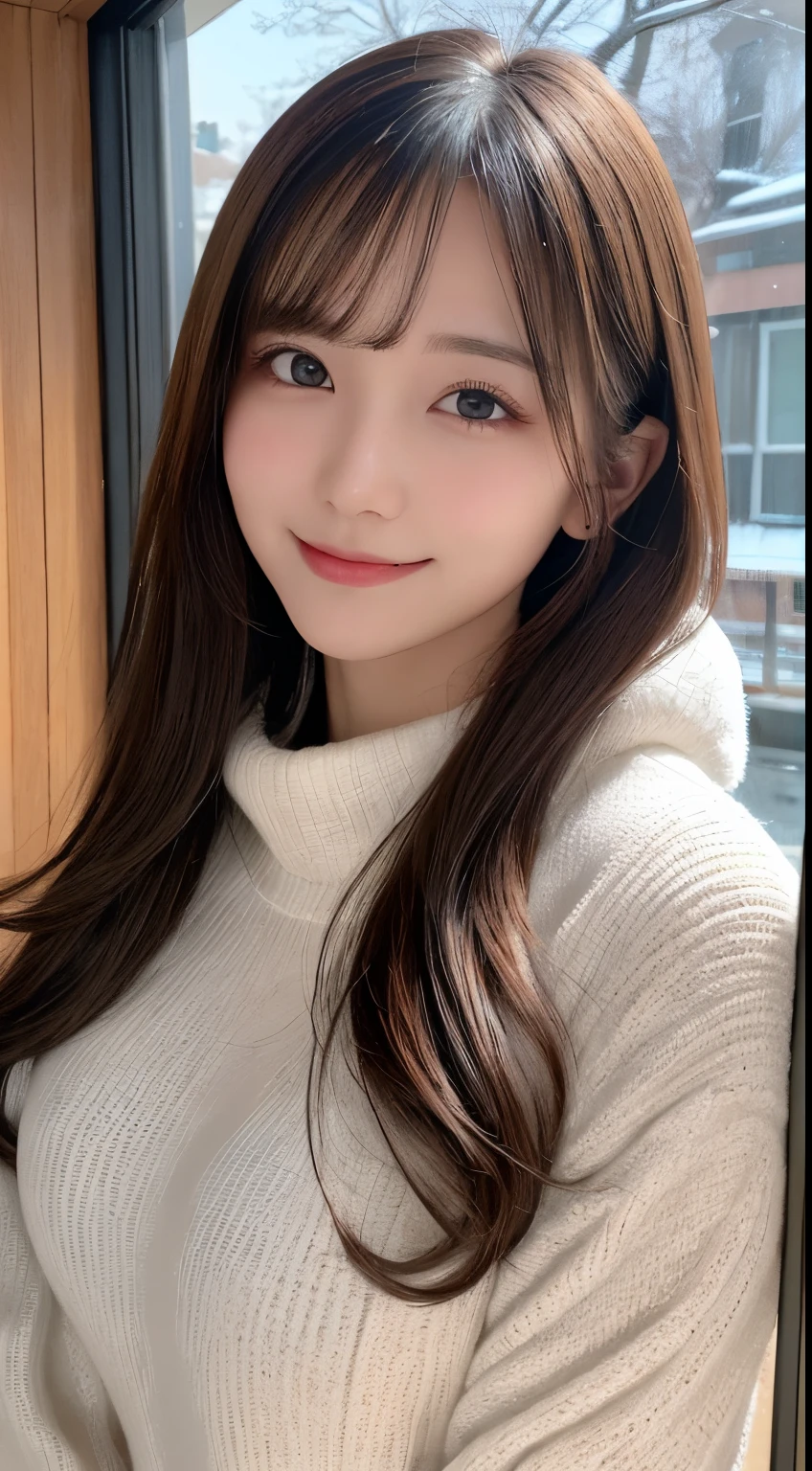 masutepiece, Best Quality, Illustration, Ultra-detailed, finely detail, hight resolution, 8K Wallpaper, Perfect dynamic composition, Beautiful detailed eyes, fluffy winter clothes,Medium Hair,Small breasts natural color lip, Bold sexy poses,Smile,Home、20 years girl、Cute、Sexy shot looking at camera