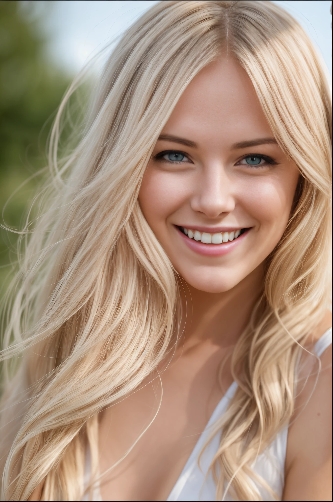 photo, photorealistic, smiling super happy 21 year old blonde girl , long blonde hair, smiling at camera, ,flirting mood,, in front of a modern white pool,, canon D1 85mm, --auto --s2