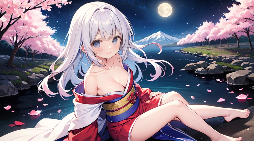 (tmasterpiece)、(top-quality)、(ultra - detailed)、(独奏)、Beautiful girl of 、small、silber hair、Krims、The white, golden, plata, Light blue and red kimono、Shoulders bare、Emphasize cleavage、Thighs exposed、Landscape and cherry blossoms、Moon Night、Composition looking up from your feet,fully body photo