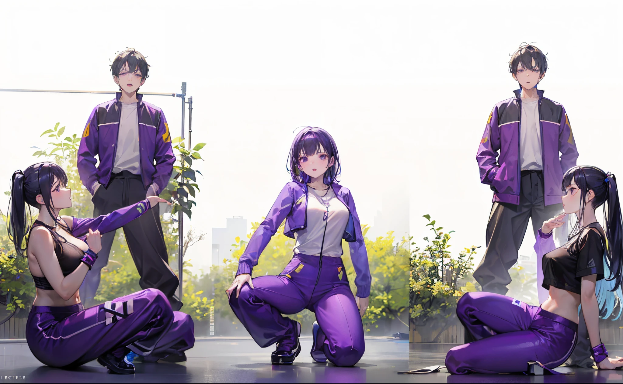several people in purple outfits are posing for a picture, purple, purple bridges with leggins, wearing a purple sweatsuit, , purple outfit, purple clothes, performing on stage, performing a music video, , purple aethetic, .(best quality, 4k, 8k, highres, masterpiece:1.2)(scene description).bokeh.brully.dance. dance scene