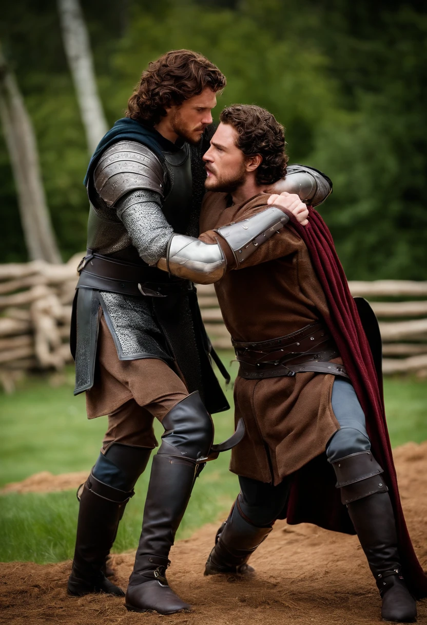 A photo of Robb having a morning sparring session with Jon Snow in the Winterfell training grounds.,Game of Thrones TV series,Robb Stark has curly auburn hair, blue eyes, and a neat beard. Famously portrayed by Richard Madden, male