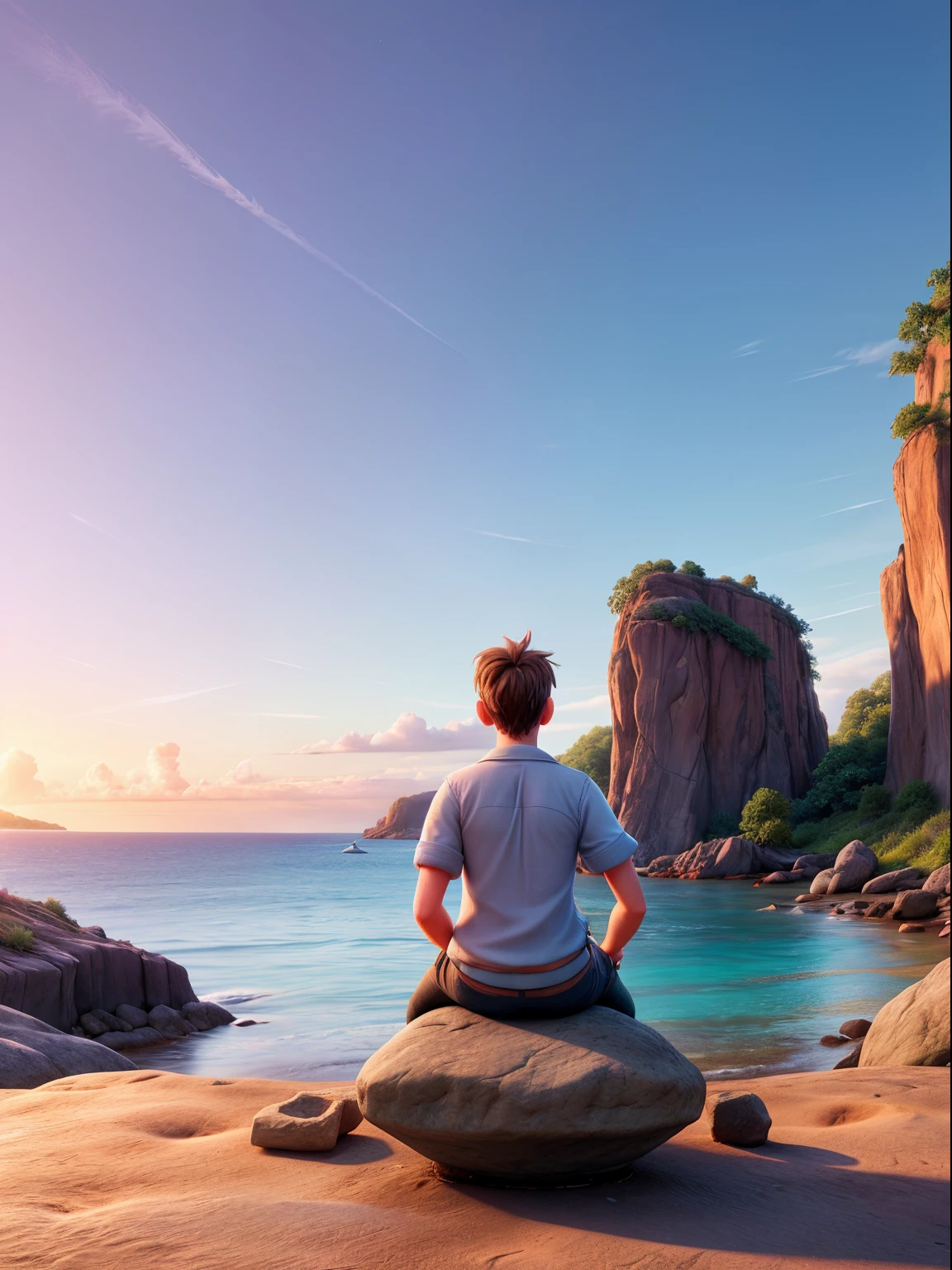 A photo of a man sitting on a rock, back view silhouette, on a beach, sea waves, at dusk, (realistic colors), rim lighting, volumetric lighting, (detailed textures), masterpiece