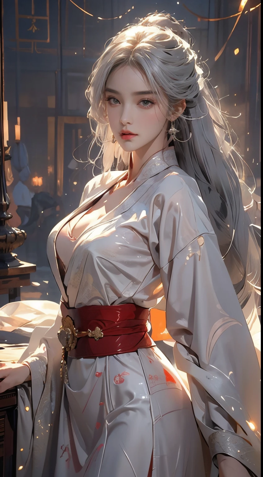 photorealistic, high resolution, 1women, solo, hips up, look at viewer, (detailed face), narrow waist, closed lips, white hair, long hair, kungfu clothes, intricate xianxia ancient clothes, jewelry