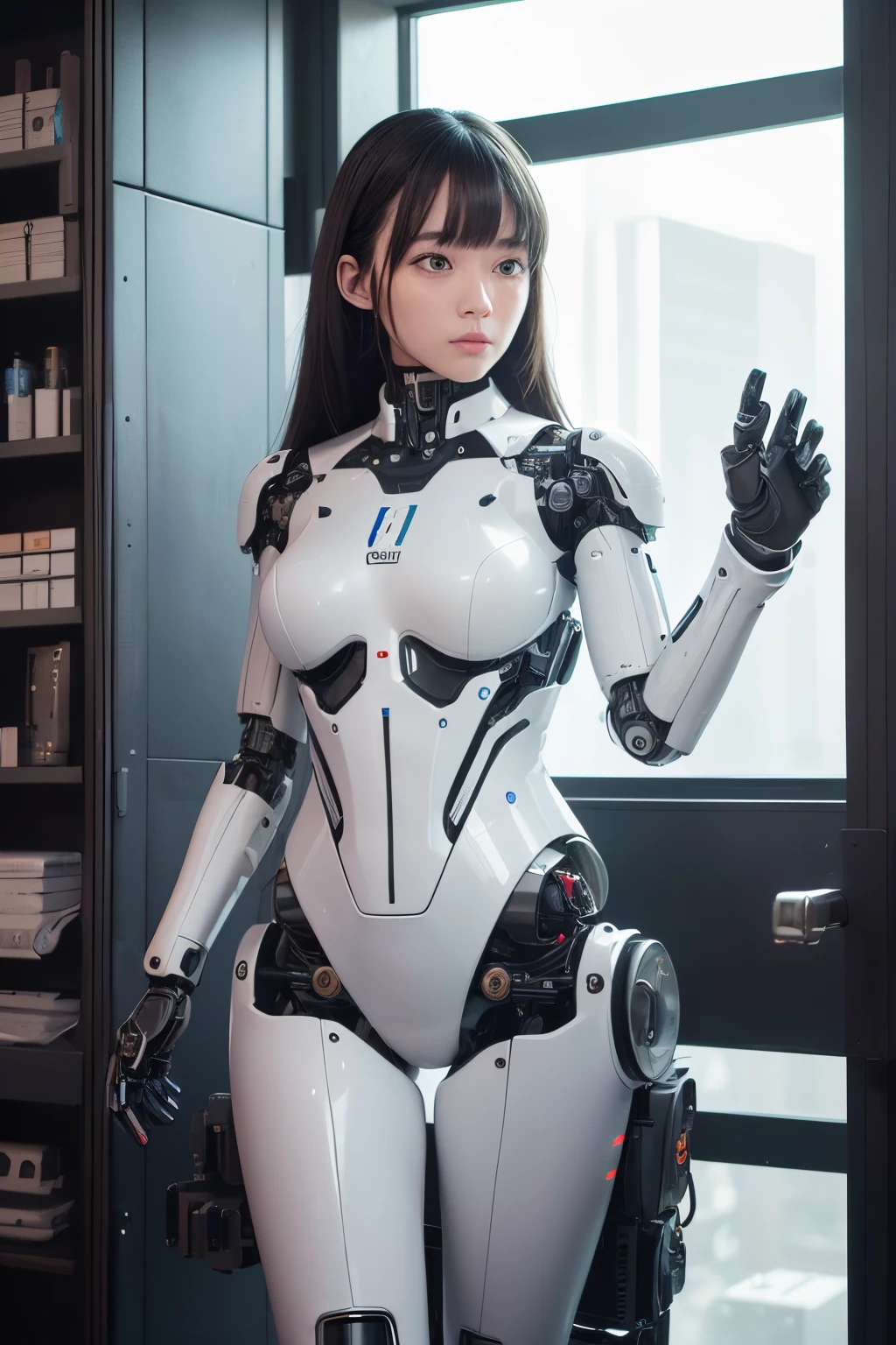masterpiece, best quality, extremely detailed, (photorealistic:1.4), (RAW photo) (RAW photo) (8K, 4K, Best Quality, hight resolution, 超A high resolution:1.1), (masutepiece, Realistic, Photorealsitic:1.1), 1girl in, Japaese Cyborg girl,Plump , control panels,android,Droid,Mechanical Hand, Robot arms and legs, Black Robot Parts,Black hair,Mechanical body,Blunt bangs,White robotics parts,perfect robot girl,future information counter,reception,long tube,thick cable connected her neck,ceramic body ,mechanical body, ear antenna,mechanical ear cover, loose boots,mechanical costume,android,robot,humanoid,cyborg,information office,japanese android receptionist ,mechanical chest,full eyes,