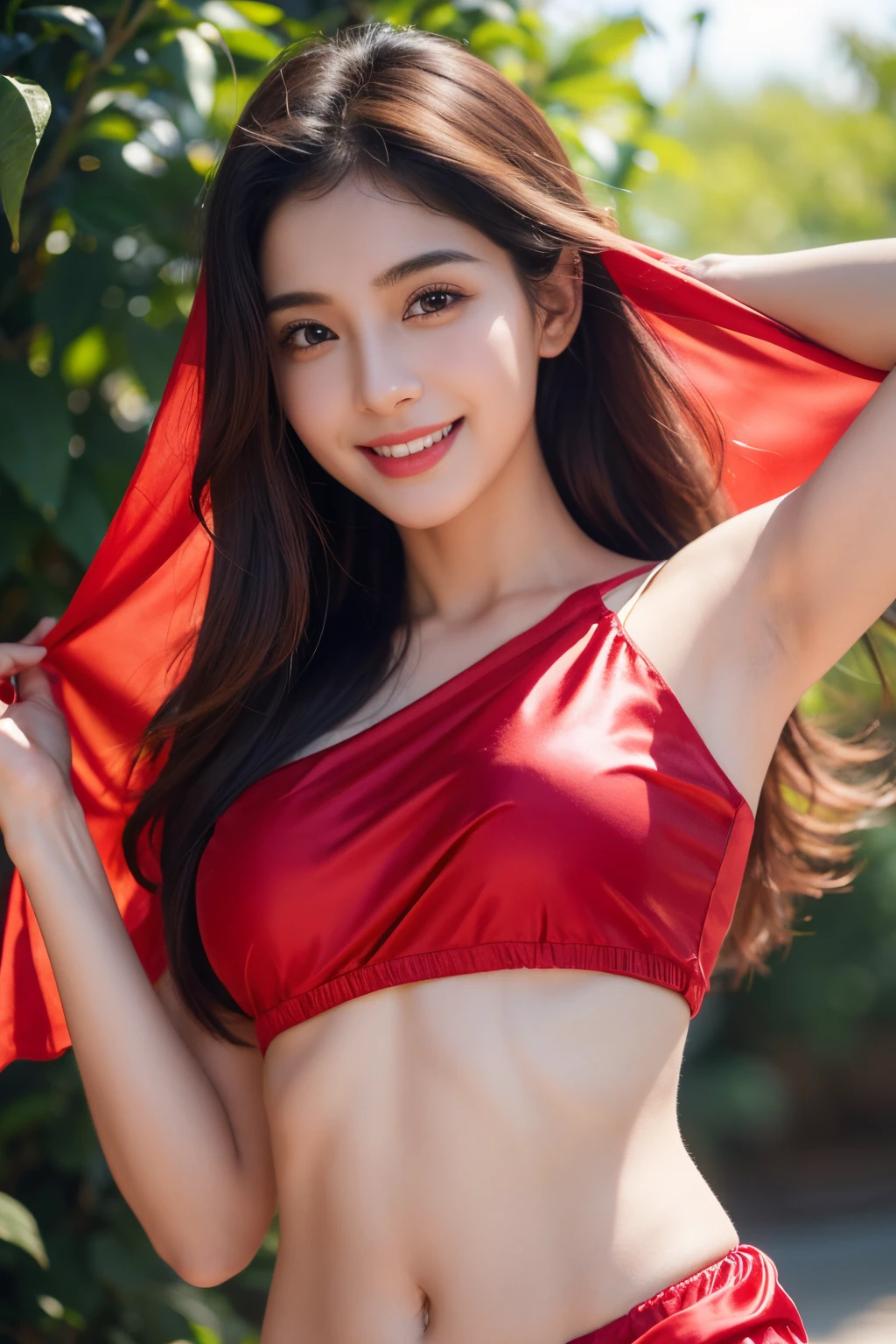 1 girl, front view, japanese, highly detailed face and body, cute, beautiful, goddess of beauty, 8k, ultra realistic, masterpiece, shiny skin, smiling, feeling happy, silk red cloth, wearing silk red thin veil on breasts, navel
