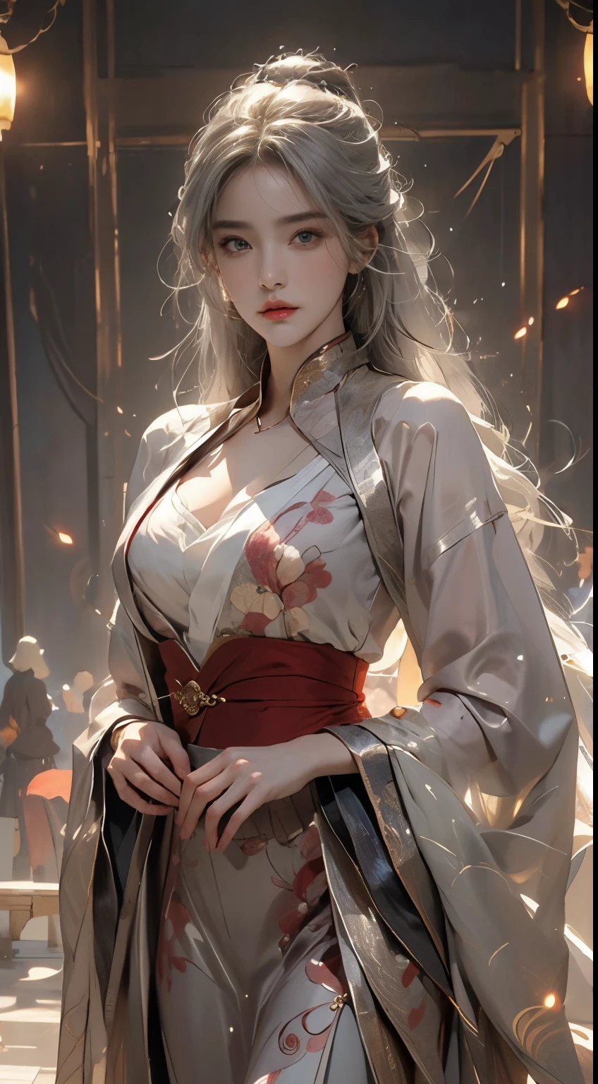 realistically, Very high resolution, 1人の女性, 独奏,club,palaces,oriental architecture ray tracing,{Best quality at best},{ {tmasterpiece}},Extremely detailed 8K wallpaper,{Extremely Delicately Beautiful},intricately details,フォトリアリスティック,oh oh, oh oh, Oooooh, Oh, really,Camera quality,(Clothing details),Cool white skin,(Apply blush carefully),1080p,butt lift, (Detailed faces), a cold face,White hair, mediuml breasts, Long gray hair, Sword repair,((red color Hanfu)),oversize clothes, jewely,Smooth light silver hair,Messy beauty,lamplight,Smooth and silky skin,tmasterpiece,Best quality at best,The illustrations are super detailed,beautidful eyes,Very detailed 8k CG wallpaper,Peach blossom eyes,An extremely delicate and beautiful girl,8k wallpaper,Best quality at best,close-up all over the body