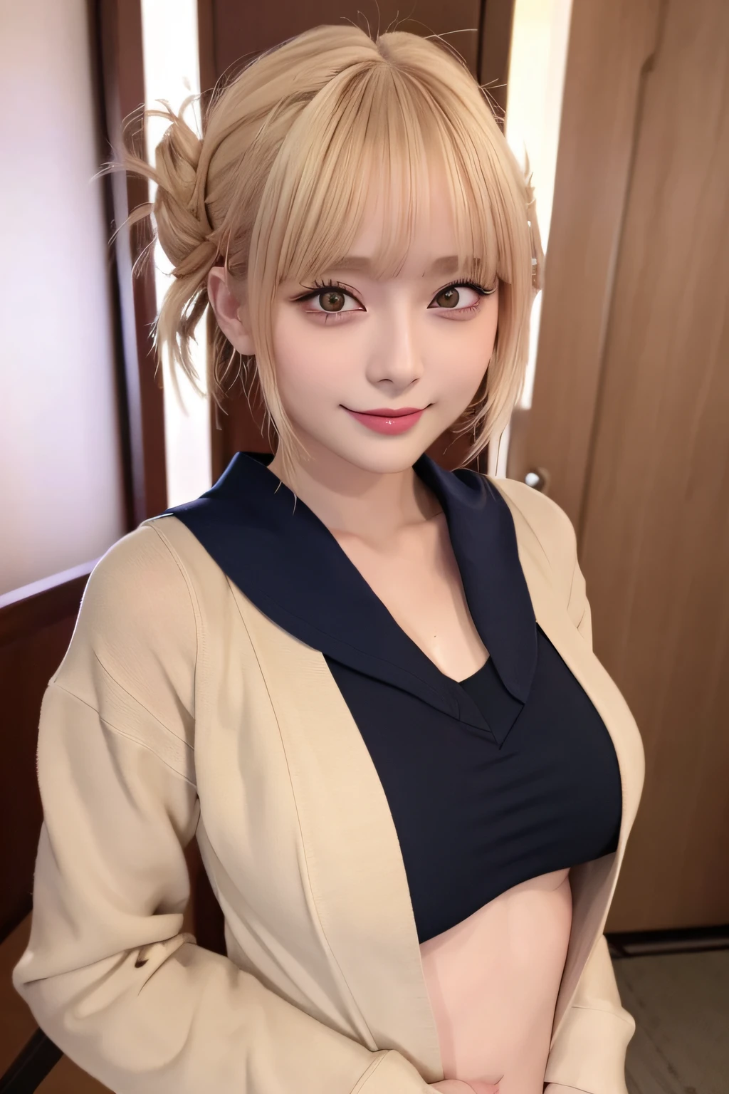 （Slouched、Kamimei、Valley)、1girl in、Beautiful woman with accentuated slim abs:1.3、(Colossal tits:1.2)、Casual clothing:1.2、inside in room、Western-style room、Soft breasts、Exposed cleavage、Fancy bra in black、8K、Raw photo、​masterpiece、absurderes、top-quality、Best Illustration、hight resolution:1.1、The ultra-detailliert、portlate、hyper realisitic:1.4、foco nítido:1.4、realisitic、Photorealsitic:1.3、Cinema Lights、Film grain、masutepiece、a closeup、full body Esbian、depth of fields、eyes focus、looking at viewert、Beautiful detailed eyes、年轻、85mmレンズ、F/1.4、professionally lit、portlate、Photon mapping、Radio City、physically-based renderingt、Transparency、Glossy skin、Soft light、Lifelike face、Realistic body、real looking skin、pale skin、well-styled、japanes、heart-shaped lip、eye shadow、Pink blush、makeups、camel's toe、long legged、pureerosface_v1:0.8、Floating hair、Unkempt hair、NovaFrogStyle、egyosar:1、Puffy eyes、Purple Eye、with round face、bangss、bokeh dof:1.2、dynamicposes、(Hairstyles tailored to Japan trends in 2023、cute little:1.5、a blond、a short bob、bangss、Mouth closed、A sly smile:0.2、Relaxing Pose)