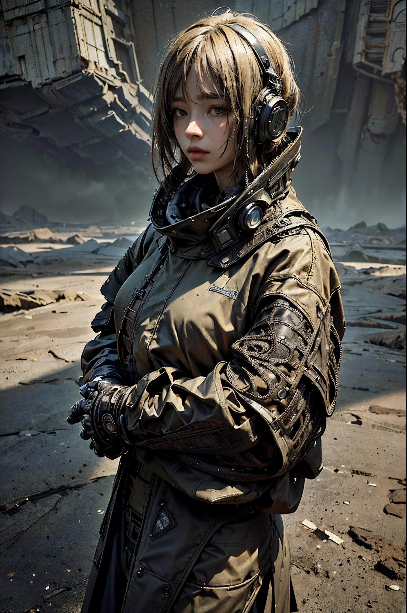 by Jean Giraud, post apocalyptic wasteland, (female, techwear fashion but extremely beautiful:1.4), (intricate details, masterpiece, best quality:1.4) , in the style of nicola samori,
Dystopian style, Bleak, post-apocalyptic, somber, dramatic, highly detailed, looking at viewer, dynamic pose, dynamic camera angle,