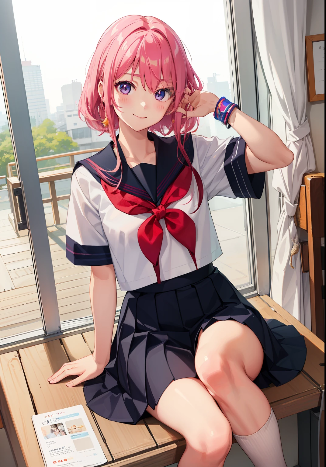 1girl in、A smile、The shirt、skirt by the、Light in the eyes、(highlight in eyes)Wink、(small tits)Chilarism、Japan High School Student Uniform、serafuku、summer clothing、(Portrait from the knee up)、