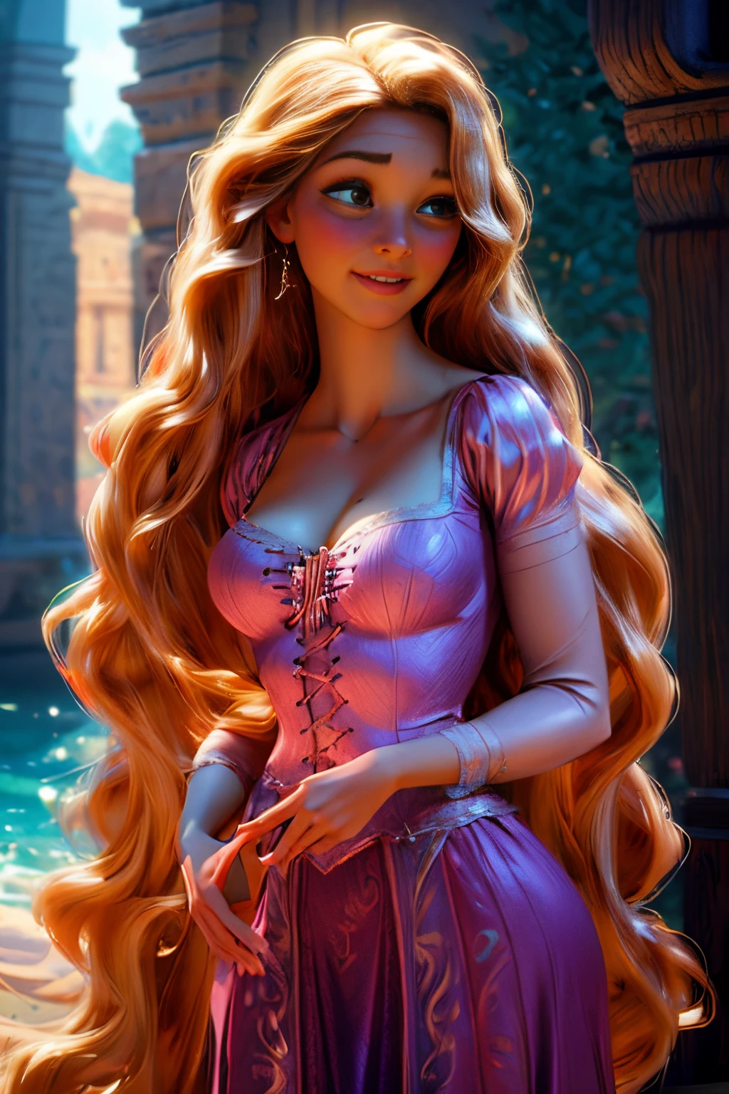 (best quality,masterpiece:1.2),1girl,ass view,curly hair,red wavy hair,big smile,Rapunzel Wet and shiny wet exposed clevage with big breast long hair, intricate, elegant, highly detailed, digital painting, artstation, concept art, smooth, sharp focus, illustration, art by wlop, charlie bowater and alexandra fomina，（Beautiful and detailed eyes description），ultra - detailed，tmasterpiece，）），facing at the camera，leakage from breast，, long hair, intricate, elegant, highly detailed, digital painting, artstation, concept art, smooth, sharp focus, illustration, art by wlop, charlie bowater and alexandra fominale,long hair