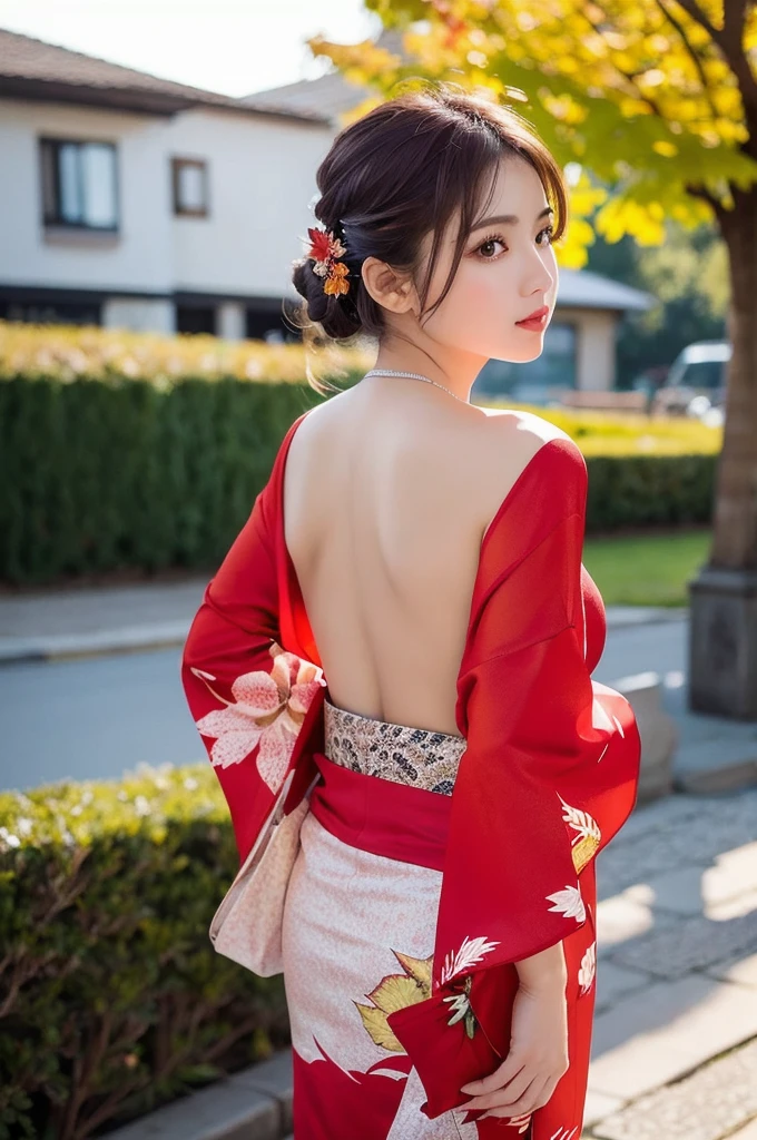 (masutepiece:1.3, Photorealsitic:1.4, 8K), top-quality, ​masterpiece, 超A high resolution, Professional camera work, Grow Light Effect, Realistic portrait, Cinematic Light, Highly detailed skin and facial texture:1.3, Perfect dynamic composition, The ultra-detailliert, A detailed eye, Detailed limbs, autumnal, Autumn leaves landscape in the evening:1.25, 1girl in, Cute sexy 23 year old slim woman, Fair skin, Autumn leaves are dancing:1.25, (Enraptured look:0.9, Totally captivates you:1.0), (Red kimono:1.31 Only shoulders and scapula exposed), (Backshots, Calm pose), (voluptuous breasts:0.9), (Beautiful blue eyes, Eyes that feel beautiful eros:0.85), Sexy face:0.4, (A mouthfeel that feels beautiful eros:0.85), ((Too cute beauty:0.9))