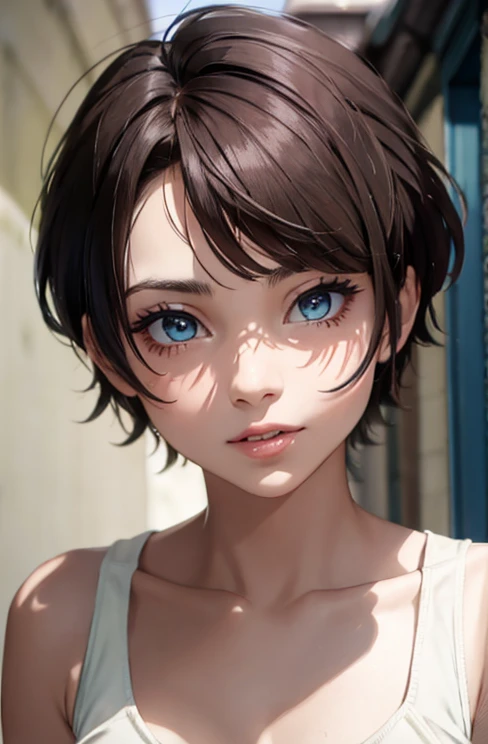 Chica hermosa , playera morada sin mangas con imagen de calavera , cinturon blanco flojo , falda lila con patrones de cuadros, botas largas con tacon , blue eyes, short light brown hair , Short light brown hair, corte de cabello pixie , fondo aleatorio, besar, Beautiful, senos grandes , mirada coqueta, ((muy detallado)), (Cara perfectamente detallada), (Mano bien detallada), Imagen fotorrealista. , hermosa chica adolesente , 18yr old , lindo maquillaje , labios rojos , linda sombra de ojos morada , corte de cabello pixie desalineado , gargantilla negra , linda sonrisa , pecas en mejillas , sonrojada , ojos azules , corte pixie