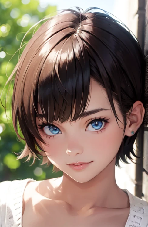 Chica con ropa de verano color morado , blue eyes, short light brown hair , Short light brown hair, corte de cabello pixie , fondo aleatorio, besar, Beautiful, senos grandes , mirada coqueta, ((muy detallado)), (Cara perfectamente detallada), (Mano bien detallada), Imagen fotorrealista. , hermosa chica adolesente , 18yr old , lindo maquillaje  , labios rojos , sombra de ojos morada , corte de cabello pixie desalineado , gargantilla negra  ,  linda sonrisa , pecas en mejillas , sonrojada , ojos azules  , corte pixie