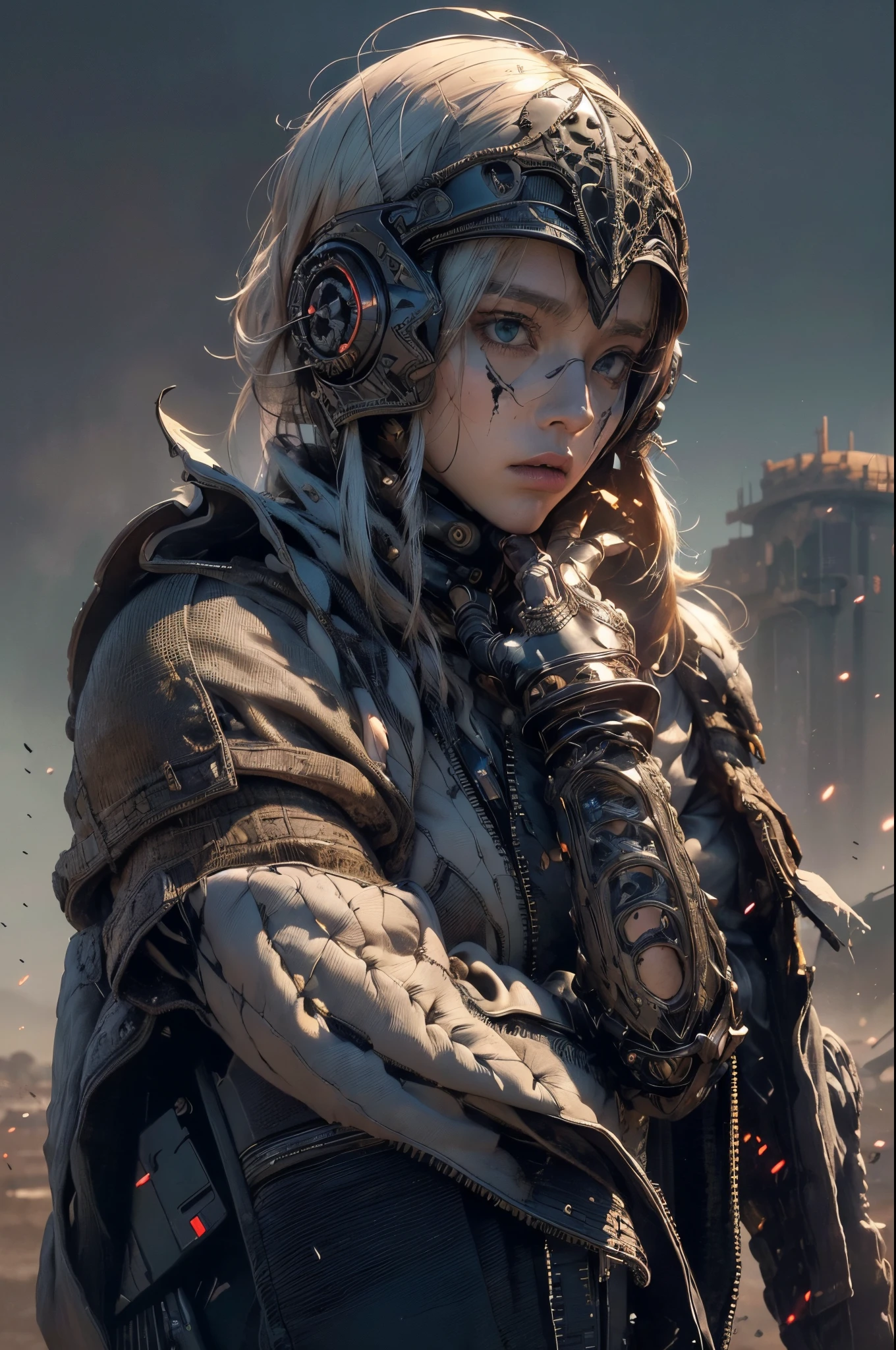 by Jean Giraud,  post apocalyptic wasteland, (female, techwear fashion but extremely beautiful:1.4), (intricate details, masterpiece, best quality:1.4) , in the style of nicola samori,
Dystopian style, Bleak, post-apocalyptic, somber, dramatic, highly detailed, looking at viewer, dynamic pose, dynamic camera angle,