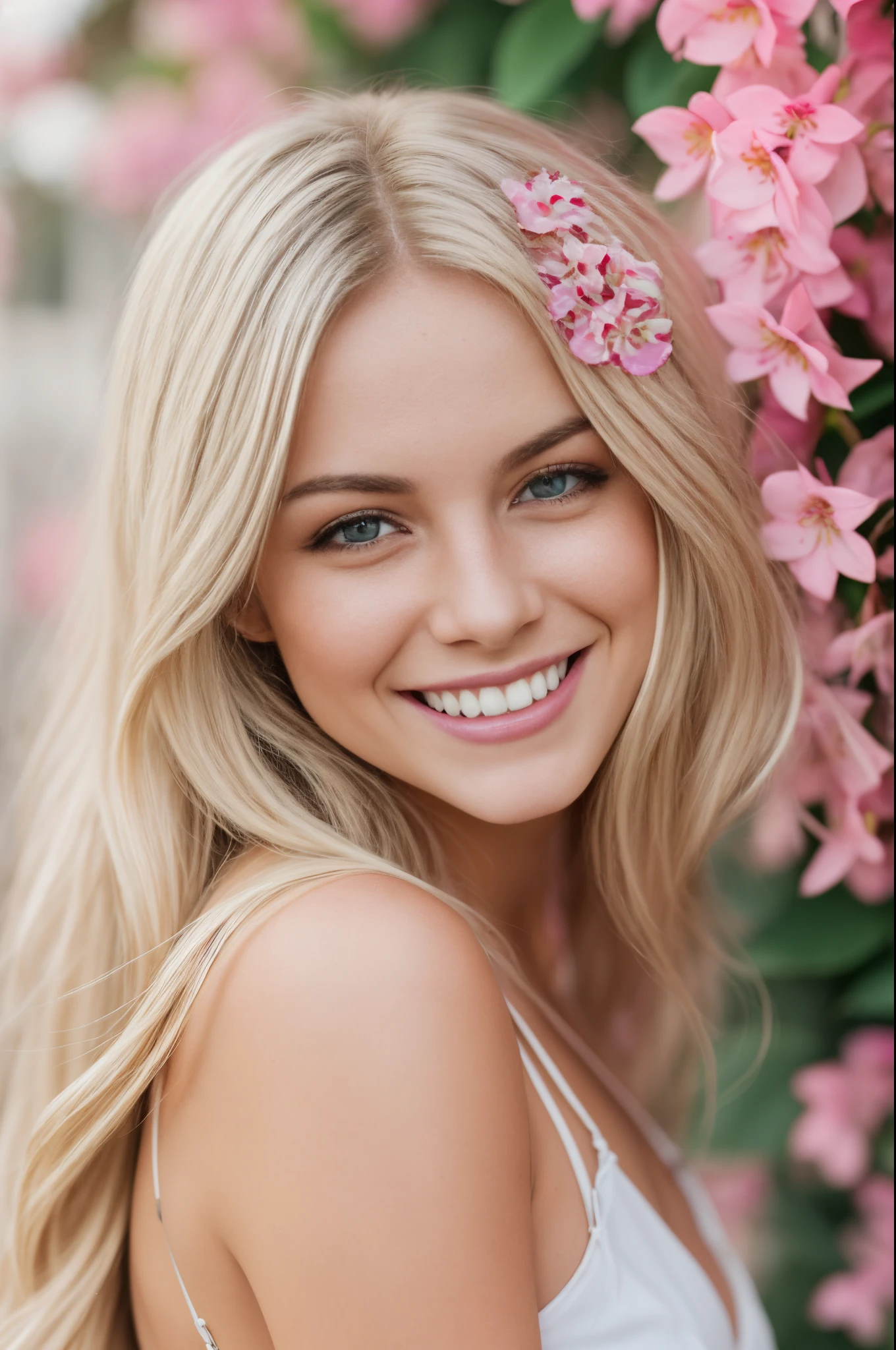 photo, photorealistic, smiling super happy 21 year old blonde girl , long blonde hair, smiling at camera, ,flirting mood,, in front of a modern white pool, with pink bougainvillea, canon D1 85mm, --auto --s2