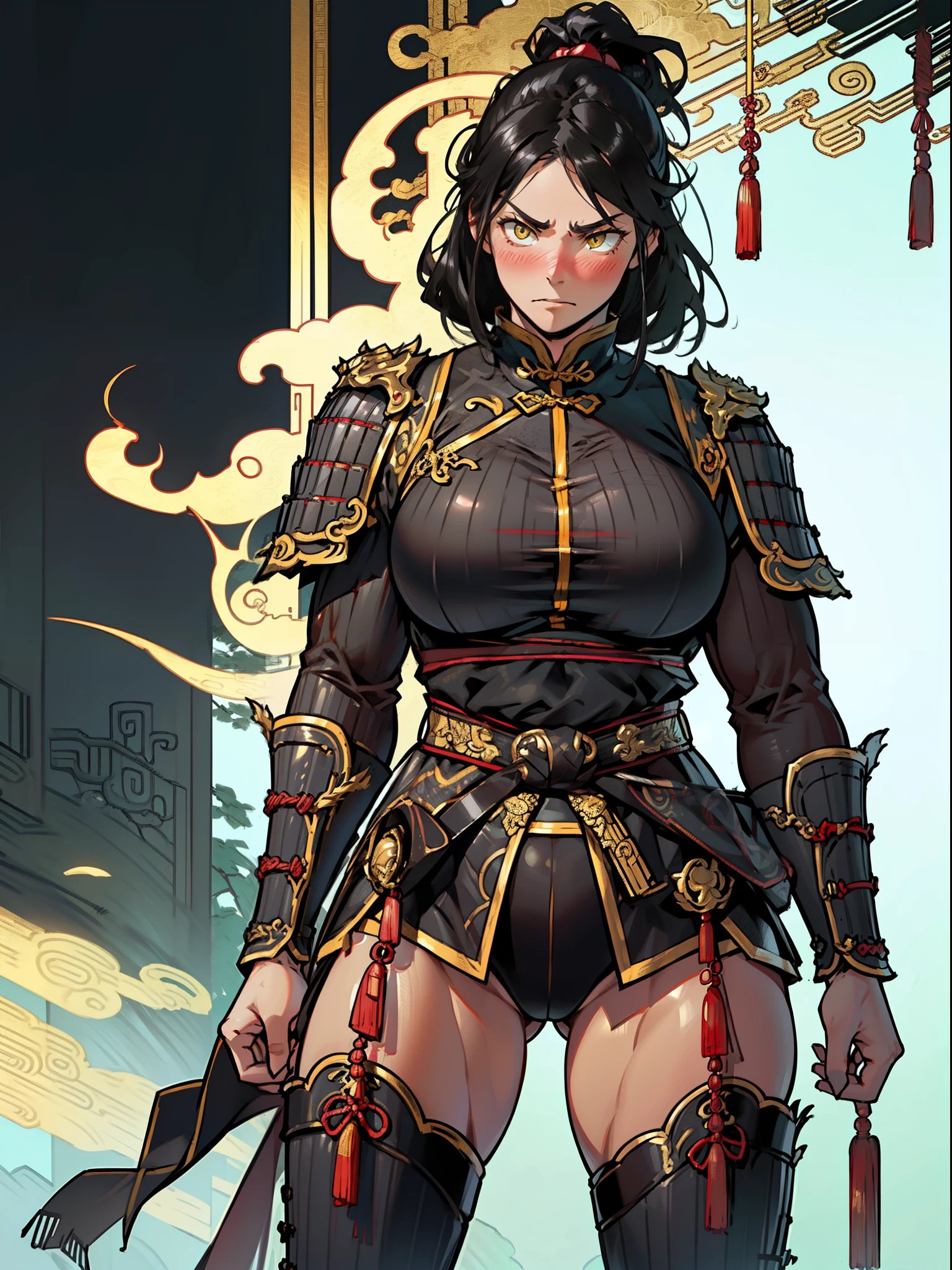 (High resolution, Pixels are perfect, luxurious illustration), (hyper quality, masutepiece, Ethereal: 1.4), (Solo:1.4), (((Black hair))), (Yellow eyes),  ((angry)), pale skin, (((((((muscular))))))), ((thick thighs)), ((Huge breasts)), (((wide hips))), Woman,  (((chinese armor))), (Black Leotard), Ass, ass forcus, ((Butt sticking out pose)), Extremely detailed , Photorealistic , ((Open your legs slightly)), Very deep eyes, Perfect eyes, (Shiny skin), (facials), ((blush)),