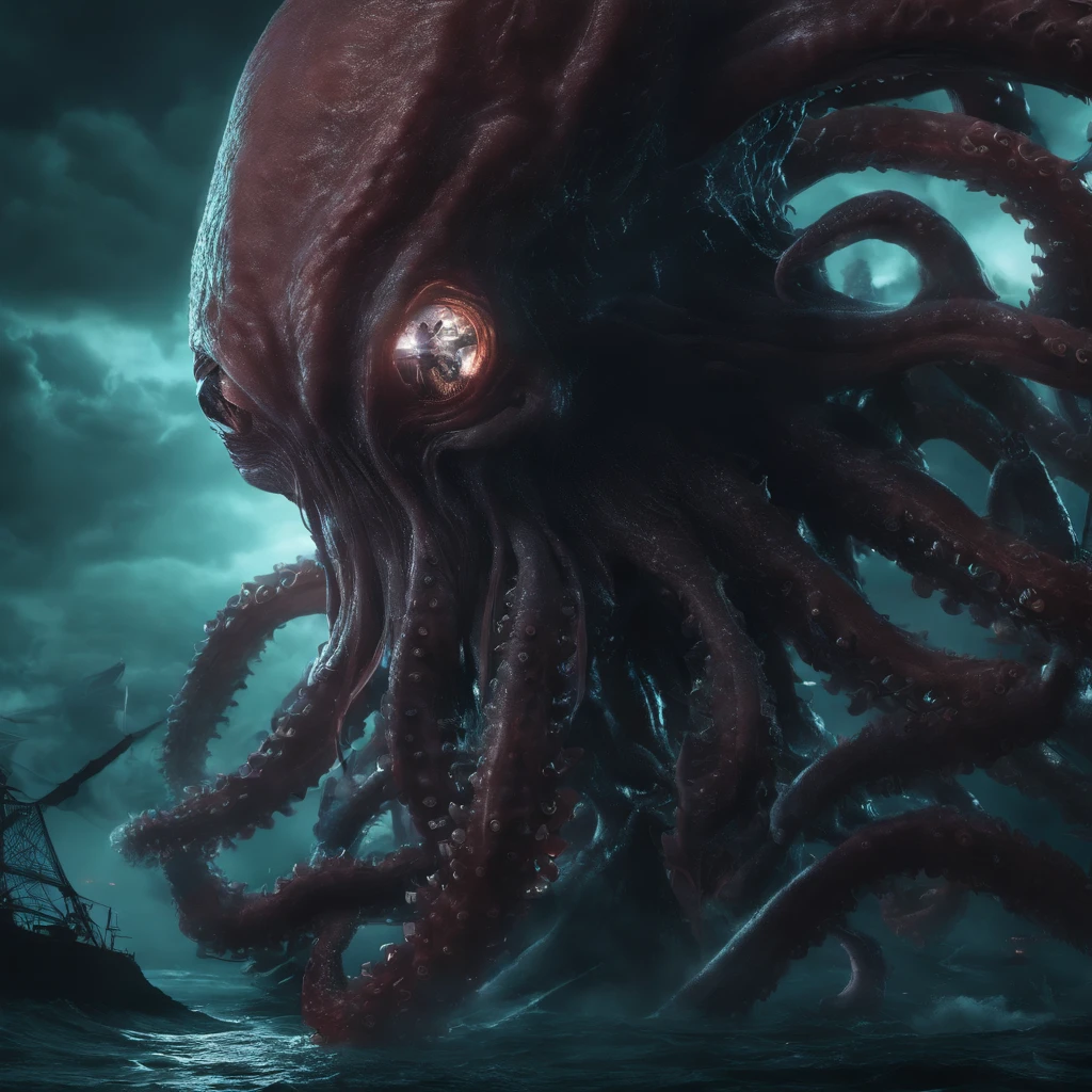 Giant octopus monster,Cthulhu in the Cthulhu Mythos,(glowing light eyes:1.5),with her mouth open,dongquan,extremly high detail,High chiaroscuro,4K,unreal 5 render,Best quality at best,tmasterpiece,Rendered by Octane,Looking directly at,extremely dangerous,The huge body is shocking,The huge body is hidden in the deep sea,Only part of body exposed,ships sailing at sea,Lots of ships,(Hazy smoke:1.2),Unable to see the whole body clearly,The horror of despair,The atmosphere is oppressive,The scene is very spectacular,Hero holding sword,Fight back bravely,real face