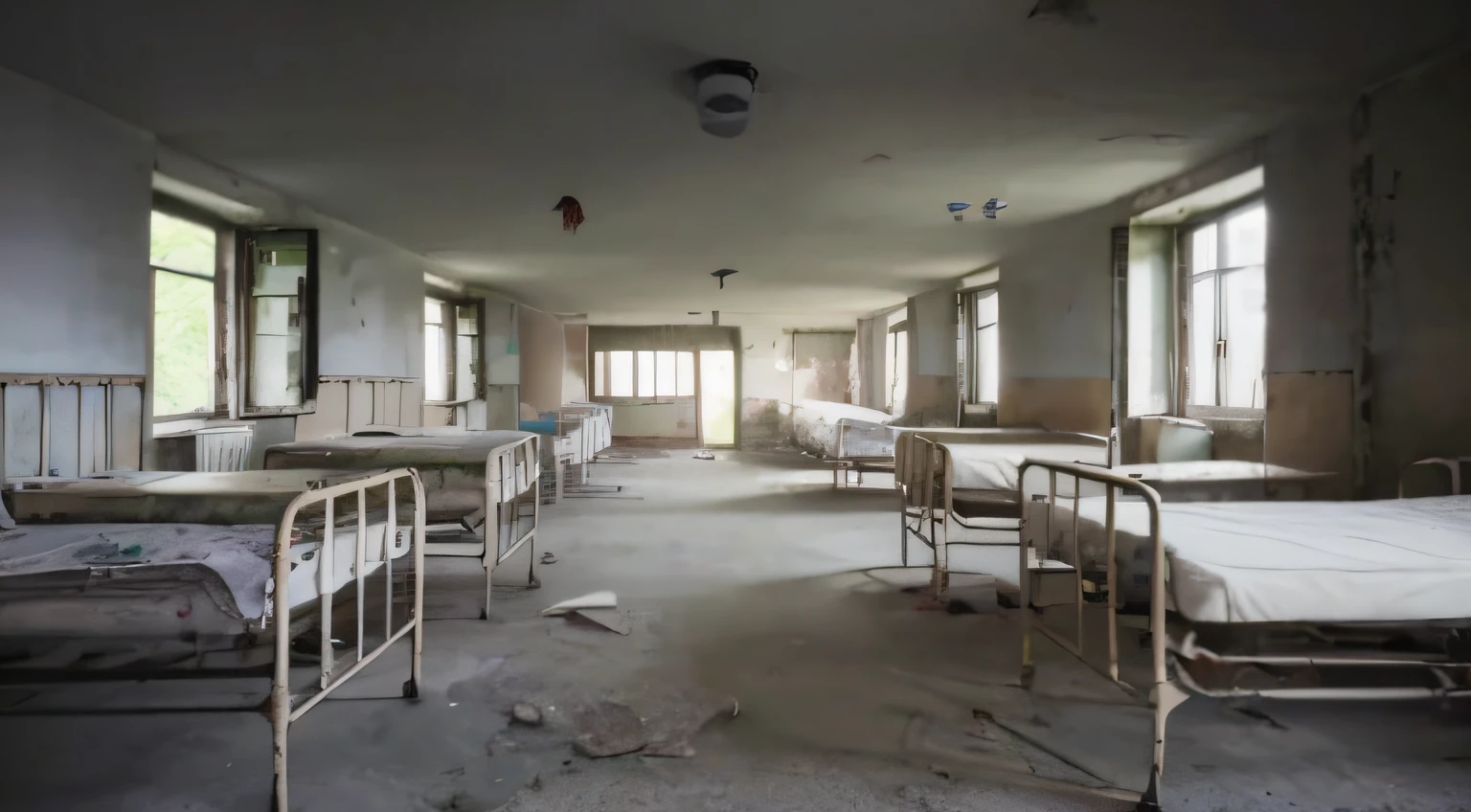 There are many beds in the room without sheets.., inside a ruined hospital room, inside a decaying hospital room, abandoned hospital room, hospital abandonado, in a run down hospital room, Interior del hospital abandonado, sala de hospital, inside a rundown surgical room, inside an ornate hospital room, asilo abandonado