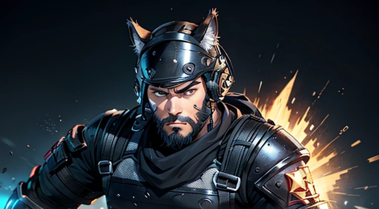 male 20 year old with cat ears in ninja armor, black hair and thick beard, Fortnite background