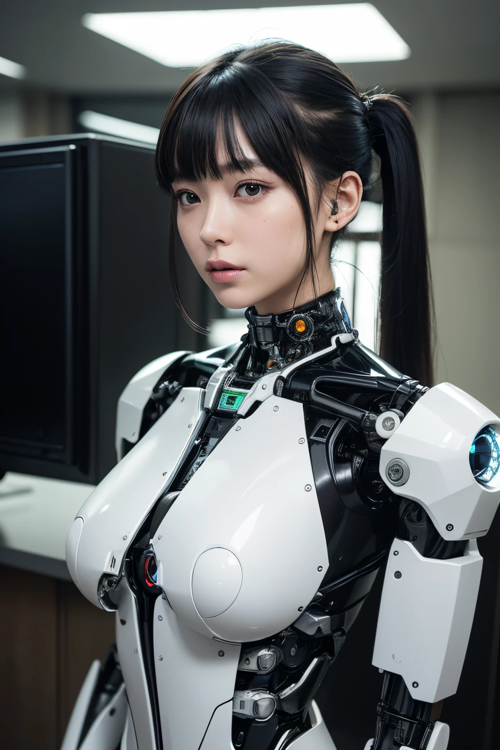 masterpiece, best quality, extremely detailed, (photorealistic:1.4), (RAW photo) (RAW photo) (8K, 4K, Best Quality, hight resolution, 超A high resolution:1.1), (masutepiece, Realistic, Photorealsitic:1.1), 1girl in, Japaese Cyborg girl,Plump , control panels,android,Droid,Mechanical Hand, Robot arms and legs, Black Robot Parts,Black hair,Mechanical body,Blunt bangs,White robotics parts,perfect robot girl,future information counter,reception,long tube,thick cable connected her neck,ceramic body ,mechanical body, ear antenna,mechanical ear cover, loose boots,mechanical costume,android,robot,humanoid,cyborg,information office,japanese android receptionist ,mechanical chest,full eyes,