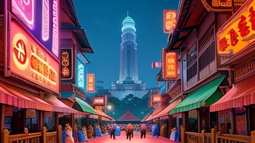 Thailand, Nightlife, neon signboard, club, Eye-Level Shot, UHD, masterpiece, best quality, cats, temple-like building