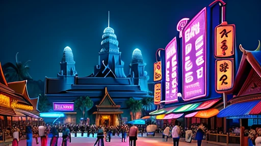 Thailand, Nightlife, neon signboard, club, Eye-Level Shot, UHD, masterpiece, best quality, cats, temple-like building