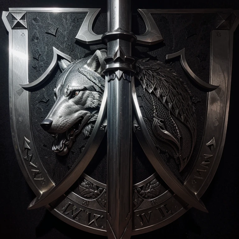 high quality,two swords in the center,a wolf,shield motif,heraldic design,detailed engravings,metallic texture,dark background,strong contrast,vibrant colors