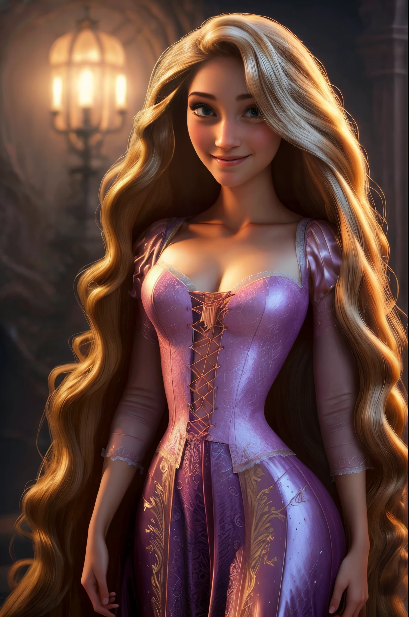 (best quality,masterpiece:1.2),1girl,ass view,curly hair,red wavy hair,big smile,Rapunzel Wet and shiny wet exposed clevage with big breast long hair, intricate, elegant, highly detailed, digital painting, artstation, concept art, smooth, sharp focus, illustration, art by wlop, charlie bowater and alexandra fomina，（Beautiful and detailed eyes description），ultra - detailed，tmasterpiece，）），facing at the camera，leakage from breast，, long hair, intricate, elegant, highly detailed, digital painting, artstation, concept art, smooth, sharp focus, illustration, art by wlop, charlie bowater and alexandra fominale,long hair