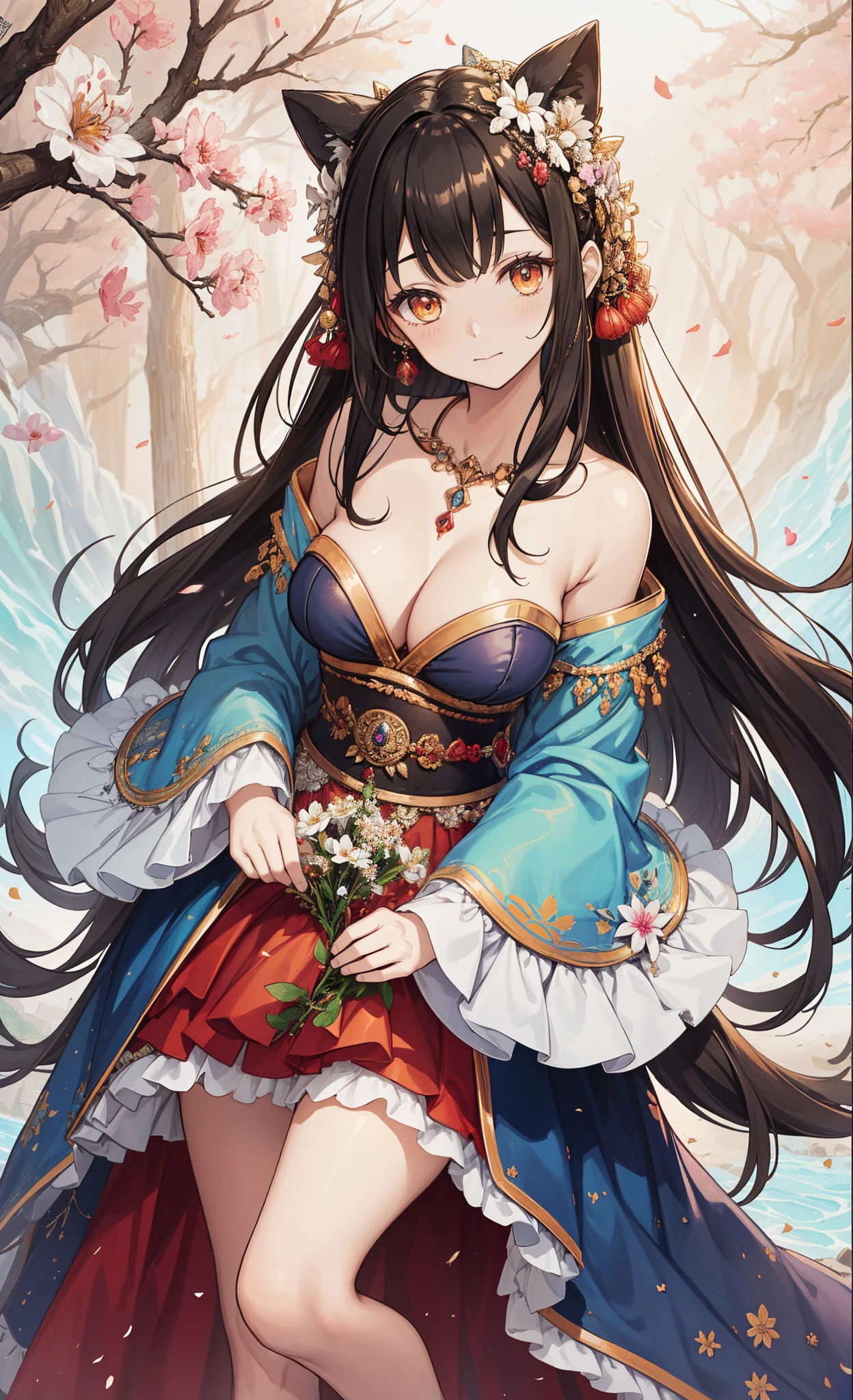 top-quality,Top image quality,(tmasterpiece:1.2),Atdan, 1 plump girl, Alone, Branch, flowers blooming, jewely, a skirt, ear nipple ring, that tree, through bangs, Long gray hair, hair adornments, view the viewer, Chinese clothes, black hair color hair, hairflower, Brown hair, exposed bare shoulders, Very long hair, Wide sleeves, longer sleeves,orange eyes