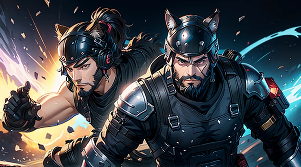 male 20 year old with cat ears in ninja armor, black hair and thick beard, Fortnite background