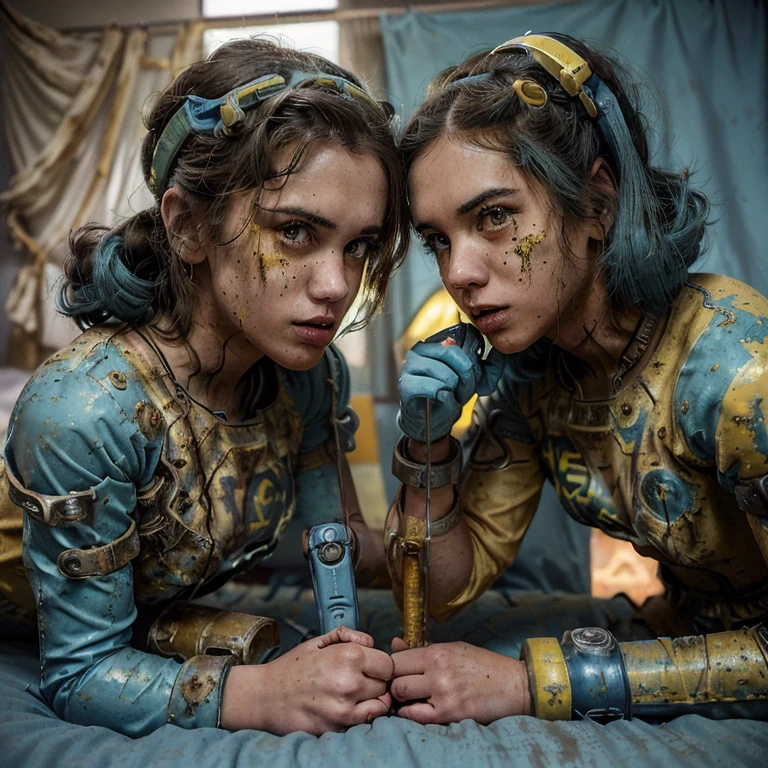 two girls, (((old dirty and torn Fallout light blue and yellow vaultsuit with pipboy3000 on wrist))), Beautiful breasts, Beautiful ,、Twintail hairstyles, Look at viewers, 、ultrasharp、huge tit、, slim, petite ((on bed)), 4x-UltraSharp