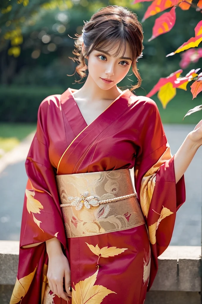 (masutepiece:1.3, Photorealsitic:1.4, 8K), top-quality, ​masterpiece, 超A high resolution, Professional camera work, Grow Light Effect, Realistic portrait, Cinematic Light, Highly detailed skin and facial texture:1.3, Perfect dynamic composition, The ultra-detailliert, A detailed eye, Detailed limbs, autumnal, Autumn leaves landscape in the evening:1.25, 1girl in, Cute sexy 23 year old slim woman, Fair skin, Autumn leaves are dancing:1.25, (Enraptured look:0.9, Totally captivates you:1.0), (Red kimono:1.31 Only shoulders and scapula exposed), (Backshots, Calm pose), (voluptuous breasts:0.9), (Beautiful blue eyes, Eyes that feel beautiful eros:0.85), Sexy face:0.4, (A mouthfeel that feels beautiful eros:0.85), ((Too cute beauty:0.9))