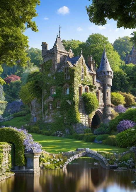 (best quality,4k,8k,highres,masterpiece:1.2),ultra-detailed,(realistic,photorealistic,photo-realistic:1.37),HDR,UHD,studio lighting,ultra-fine painting,sharp focus,physically-based rendering,extreme detail description,professional,vivid colors,bokeh,Castelo,landscape,garden,castle,medieval,ancient architecture,stone walls,turrets,moat,gate,fantasy,historical,romantic,imposing,grand,beautiful detailed windows,elaborate carvings,ornate decoration,lush greenery,trees,sunlight streaming through leaves,serene atmosphere,magical,peaceful,tranquil,overgrown vines,reflection on the water,bridge,pebbled path,clear blue sky,panorama view,secluded,hidden,secret garden,enchanted.