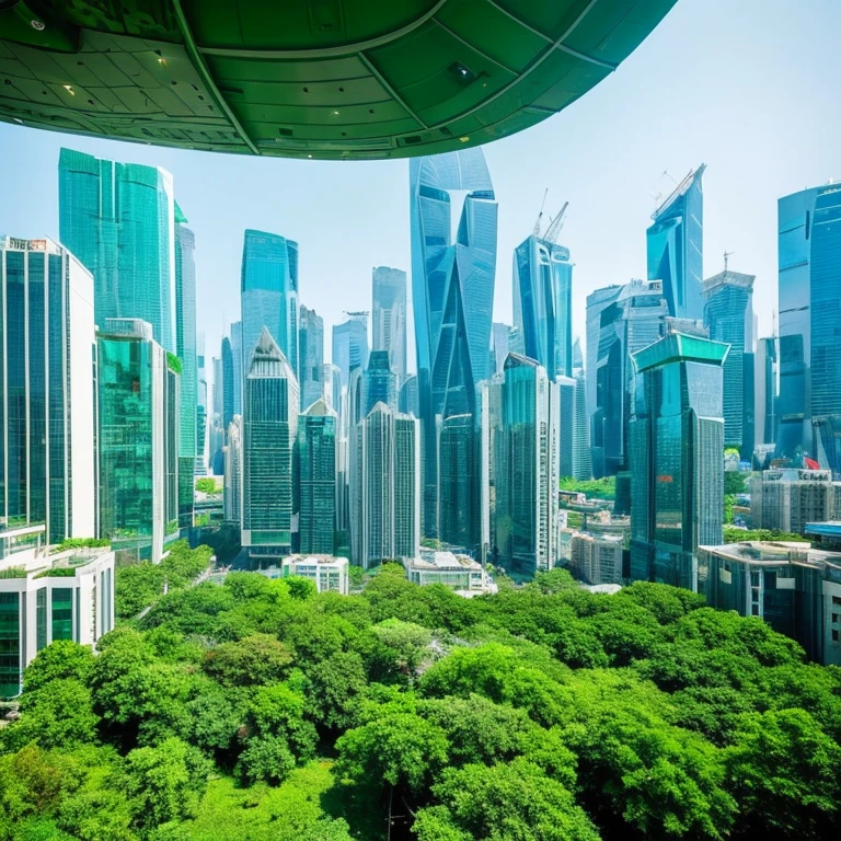 Cool futuristic city。There is green everywhere。The building is entirely white