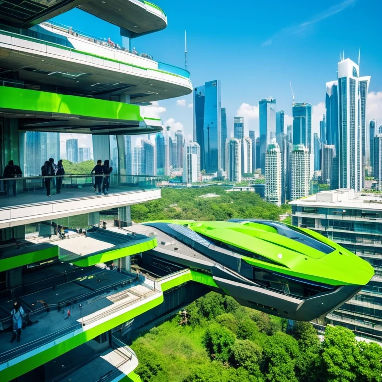 Cool futuristic city。There is green everywhere。The building is entirely white