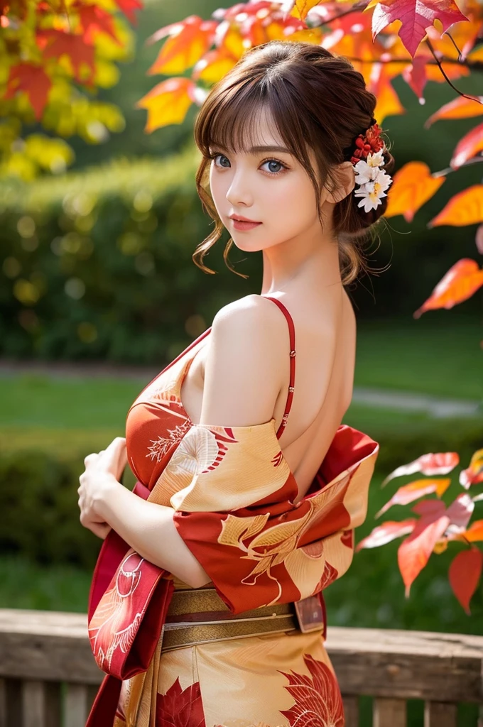 (masutepiece:1.3, Photorealsitic:1.4, 8K), top-quality, masterpiece, 超A high resolution, Professional camera work, Grow Light Effect, Realistic portrait, Cinematic Light, Highly detailed skin and facial texture:1.3, Perfect dynamic composition, The ultra-detailliert, A detailed eye, Detailed limbs, autumnal, Autumn leaves landscape in the evening:1.25, 1girl in, Cute sexy 23 year old slim woman, Fair skin, Autumn leaves are dancing:1.25, (Enraptured look:0.9, Totally captivates you:1.0), (Red kimono:1.31 Only shoulders and scapula exposed), (Backshots, Calm pose), (voluptuous breasts:0.9), (Beautiful blue eyes, Eyes that feel beautiful eros:0.85), Sexy face:0.4, (A mouthfeel that feels beautiful eros:0.85), ((Too cute beauty:0.9))