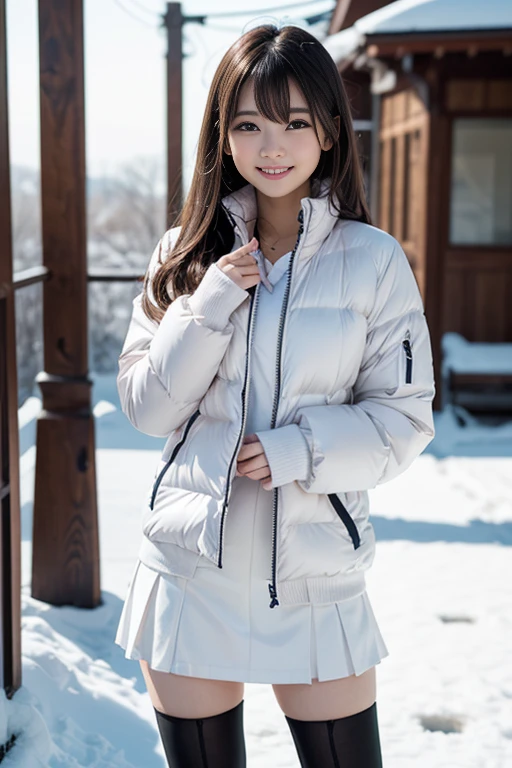 The cutest girl who works as a gravure idol is in the snow、with shiny brown hair、She is wearing a down jacket, a tight white miniskirt, black pantyhose, and long white boots, making her look captivating.。She smiled confidently.、Facing the camera in a professional pose。her fashion and expressions、A perfect balance between cuteness and elegance、It draws the viewer in and doesn't let go.。Through this scene、Express her charm to the fullest