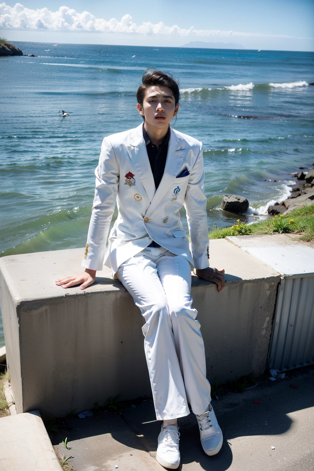 above the sea，Groups of wings growing，different kinds of fish，Flying in the open and beautiful sky，Under the clean and flawless sea surface，Countless rubbish and waste products of various sizes appear.，One is wearing a torn white suit，A humanoid robot with an old TV set on its head stands alone on an island made of garbage above the sea.，He stared blankly up at the school of fish flying over his head in the sky.，A mutilated human corpse is lying quietly among the waste at the feet of the robot，You can see the body wearing a tattered white suit upon request.。