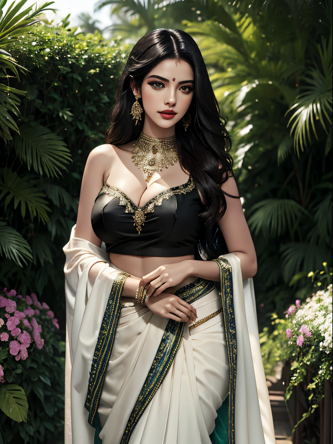 ((Huge smiling:0.5)) In a picturesque garden full of flowers, amidst a stunning woman((( Anne Hathaway:Selena Gomez:0.6))) , 185 cm tall in a vibrant black and white saree strikes a seductive pose in an ancient fort, enchanting all who lay eyes upon her. Explore the allure and raw sensuality of this captivating woman, as she embraces the magic of the monsoon, don't create out of frame illustration