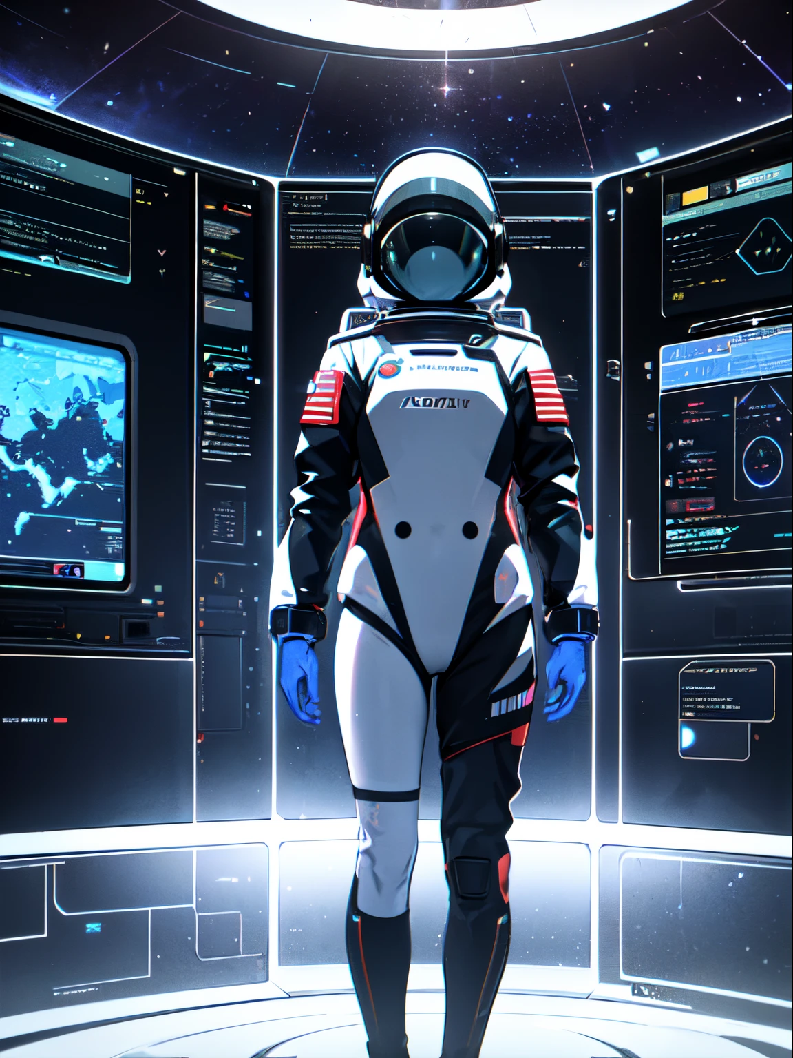 astronaut girl,space suit,space station,inside,polished floor,reflective surface,metallic walls,dark shadows,bright lights,blinking control panels,advanced technology,equipment racks,cosmic backdrop,starry sky,outside the window,peaceful silence,zero gravity,motionless objects,serene expression,reflective visor,glowing buttons,futuristic design,holographic displays,starship architecture,space exploration,adventure,galactic journey,extraterrestrial discoveries,distant galaxies,curiosity,awe-inspiring,universe's wonders,boundless possibilities,(best quality,4k,8k,highres,masterpiece:1.2),ultra-detailed,realistic,photorealistic,sci-fi,studio lighting,vivid colors