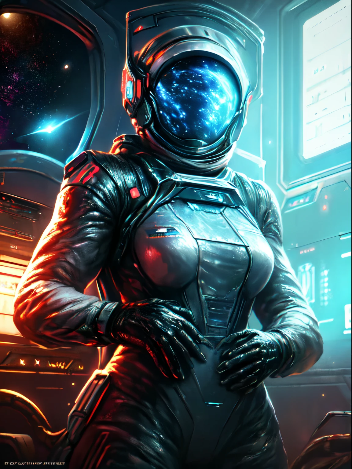 (best quality,4k,8k,highres,masterpiece:1.2),ultra-detailed,(realistic,photorealistic,photo-realistic:1.37),astronaut girl in detailed space suit with helmet inside a futuristic space station,detailed visor reflection, sleek silver spacesuit, vibrant color scheme, professional lighting, sci-fi setting, high-tech controls, zero gravity environment, advanced technology, panoramic window overlooking starscape, floating particles, futuristic architecture, glowing control panels and buttons, mysterious atmosphere, astronaut insignia, intricate space station structure, distant galaxies, other astronauts in the background, strong sense of isolation, vacuum of space, surreal lighting effects, intense astronaut focus, dynamic pose, stunning space scenery