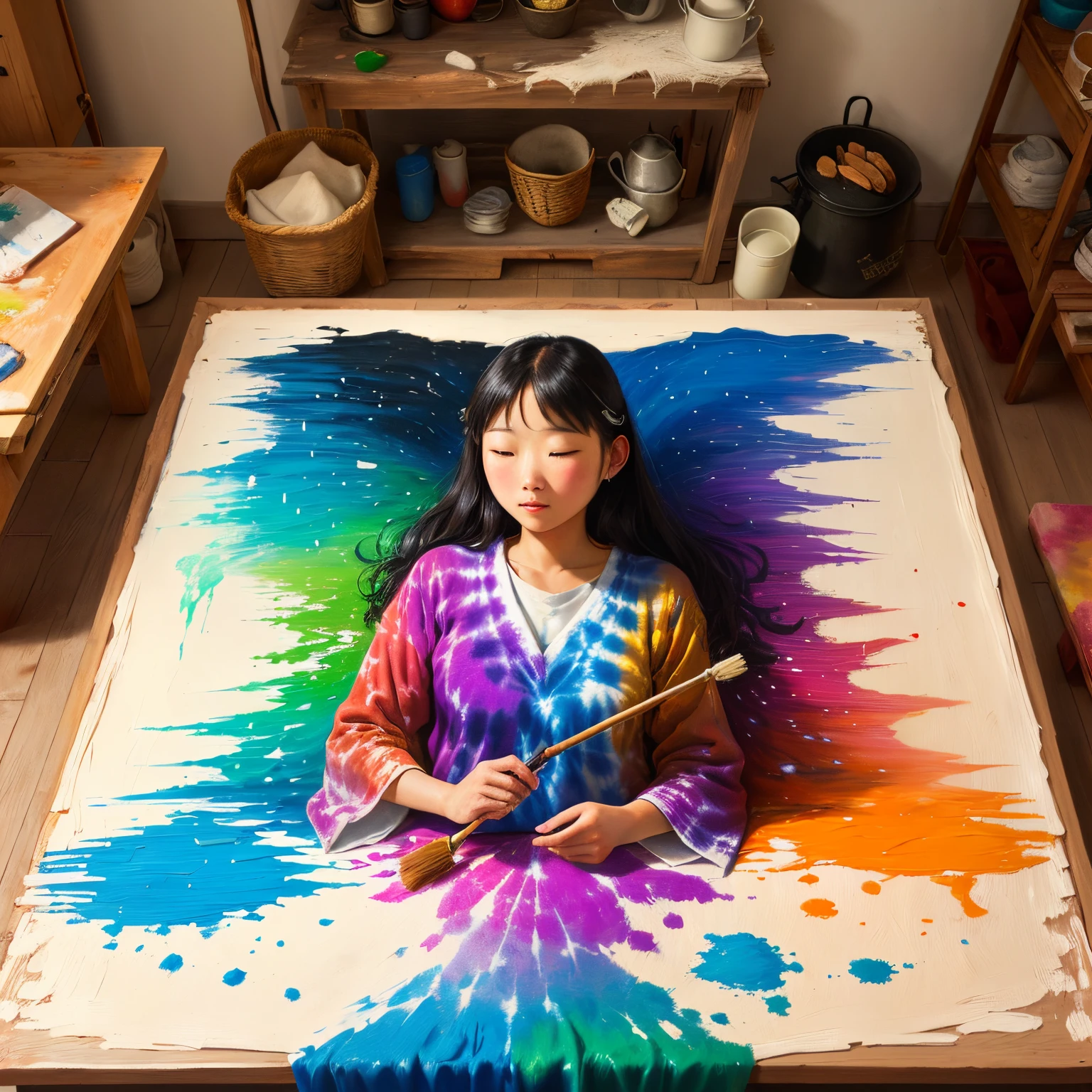 Intangible cultural heritage tie-dye oil painting scene