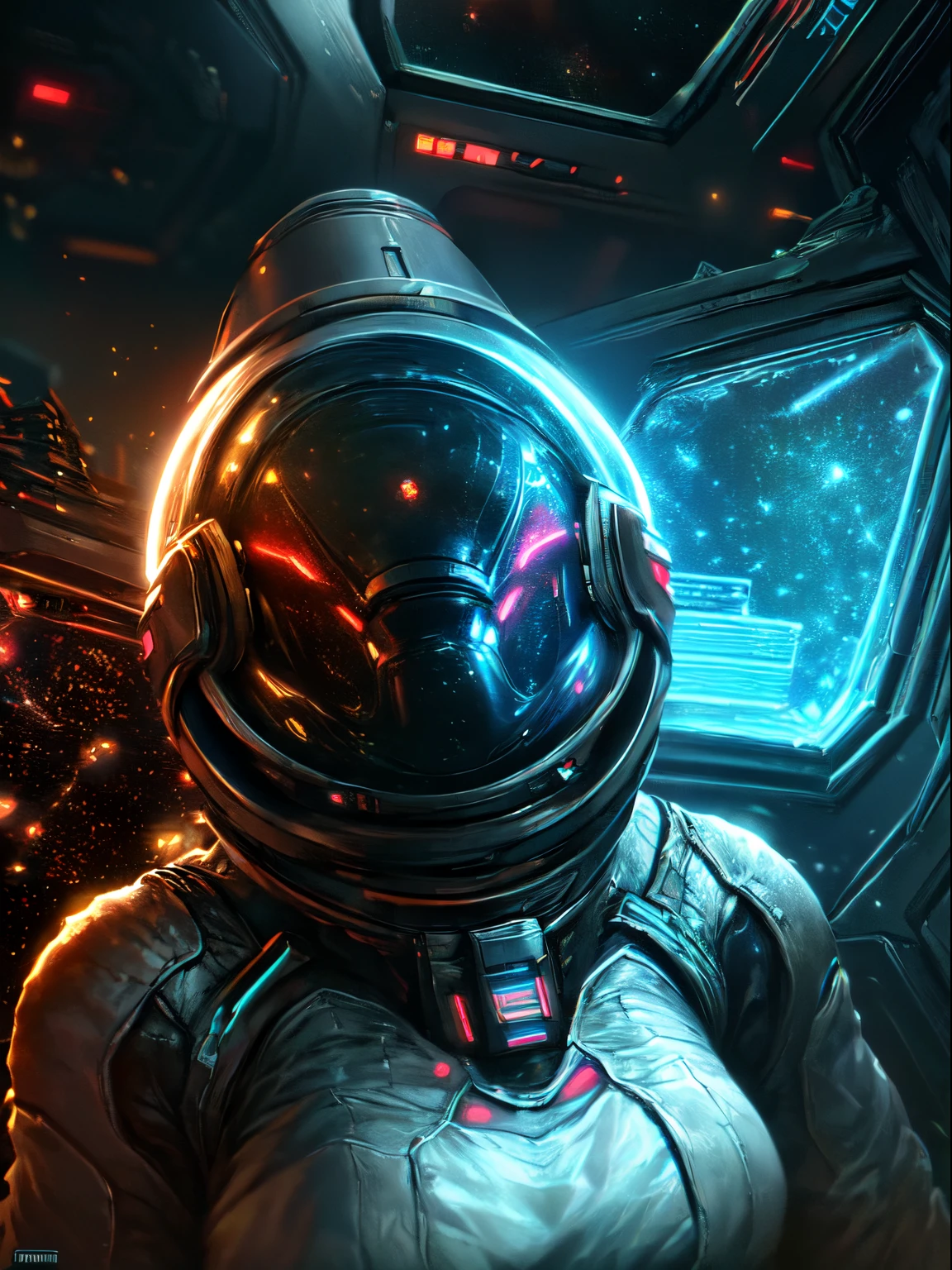 (best quality,4k,8k,highres,masterpiece:1.2),ultra-detailed,(realistic,photorealistic,photo-realistic:1.37),astronaut girl in detailed space suit with helmet inside a futuristic space station,detailed visor reflection, sleek silver spacesuit, vibrant color scheme, professional lighting, sci-fi setting, high-tech controls, zero gravity environment, advanced technology, panoramic window overlooking starscape, floating particles, futuristic architecture, glowing control panels and buttons, mysterious atmosphere, astronaut insignia, intricate space station structure, distant galaxies, other astronauts in the background, strong sense of isolation, vacuum of space, surreal lighting effects, intense astronaut focus, dynamic pose, stunning space scenery