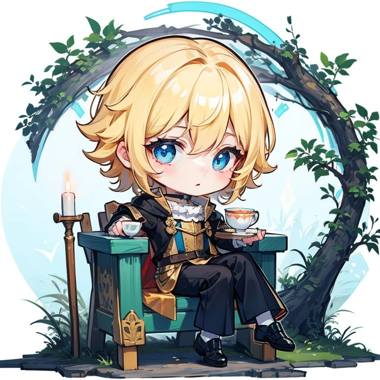 chibi, ((fullbody)), 1boy in medieval suit, golden hair, blue eyes, tea cup in hand, sit  pose, on hair, chibi style, white background