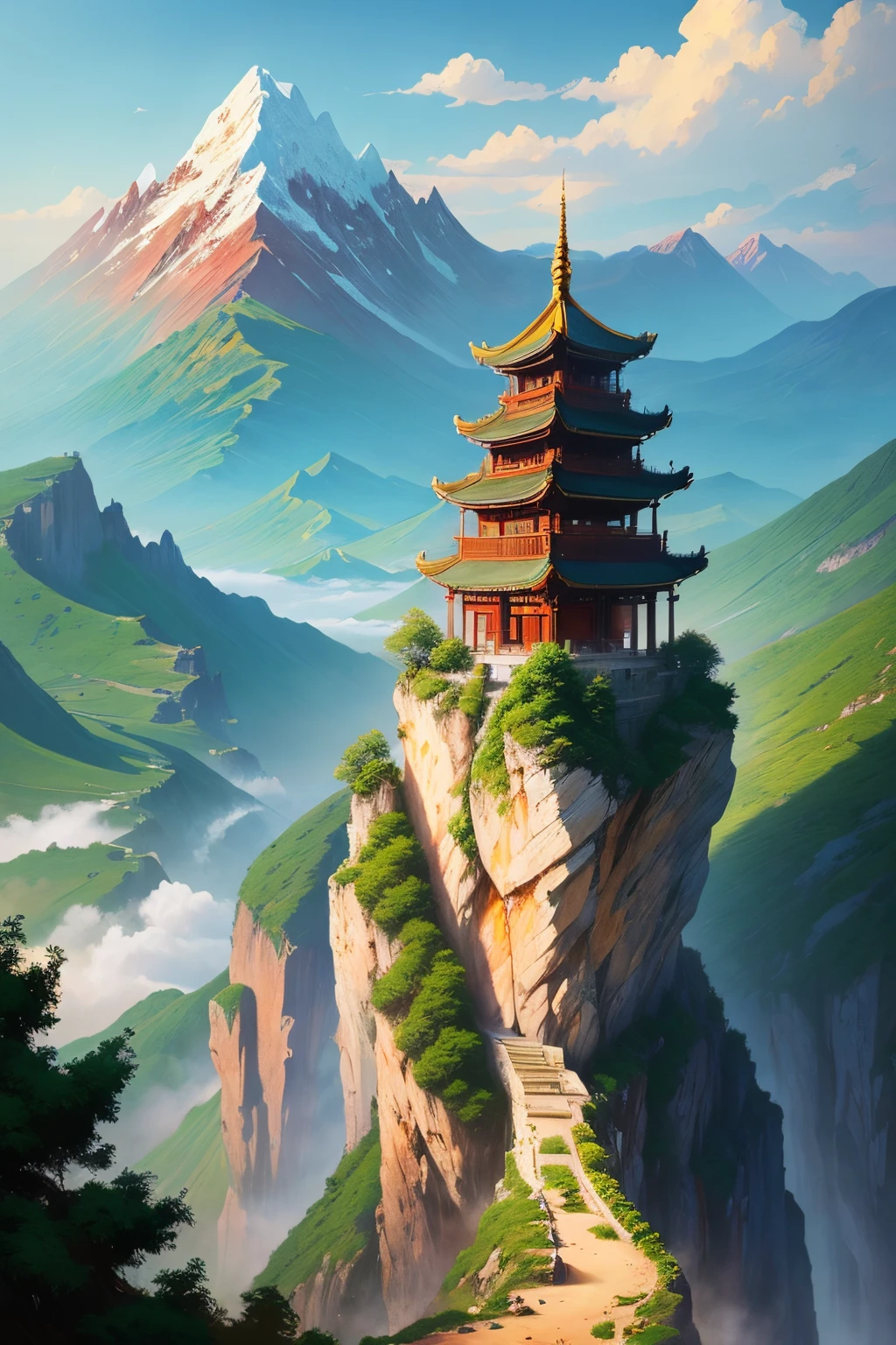 cartoony,impressionistic,chinse landscape,ancient buildings,mountain cliff。((Best quality at best)), ((tmasterpiece)), (Detailed pubic hair), s the perfect face