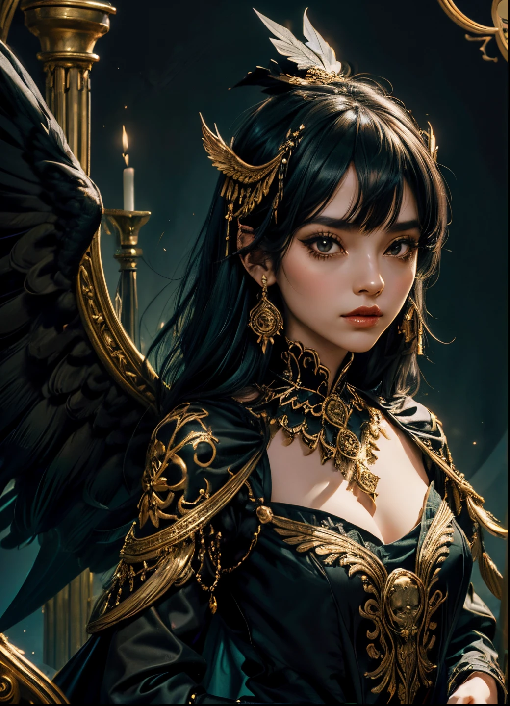 1 girl, black hair, gold ornament, hands holding skull, black feather wings, black satin long dress, looking at viewers, tarot background, greenish aura