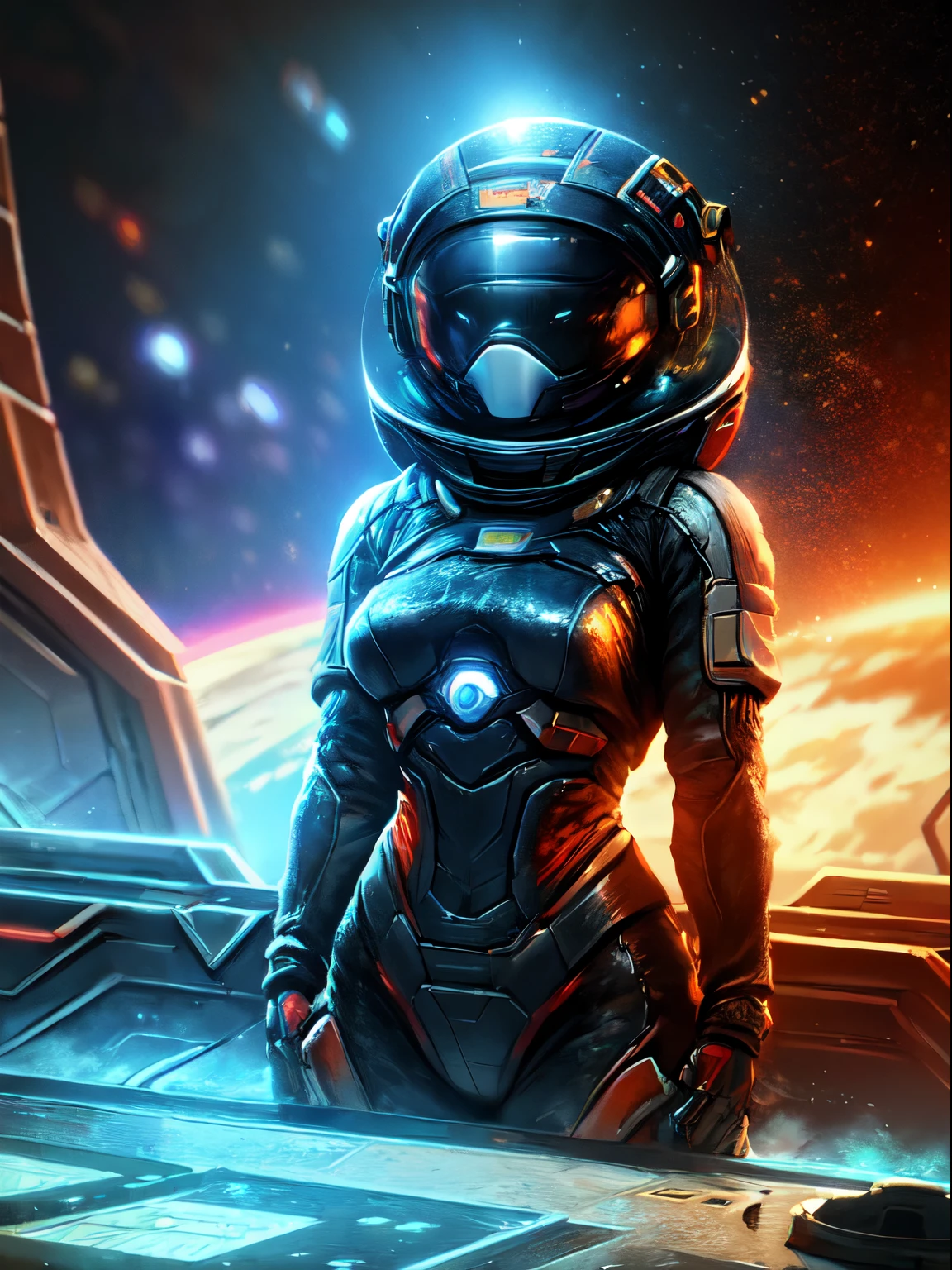 (best quality,4k,8k,highres,masterpiece:1.2),ultra-detailed,(realistic,photorealistic,photo-realistic:1.37), rakkun, astronaut girl, wearing space suit with helmet, inside space station, futuristic technology, advanced control panels, zero gravity, floating objects, spacecraft, glowing lights, deep black background, cosmic scenery, breathtaking view, distant stars, orbiting planets, weightless environment, interstellar exploration, vivid colors, professional, sharp focus, bokeh, space travel, space adventure, sci-fi, dreamlike, otherworldly, high-tech equipment, vastness of space, incredible detail, surreal atmosphere, captivating composition, astronaut's reflection in the helmet, tranquility, mystery, exploration, infinite possibilities, human curiosity, potential life beyond Earth