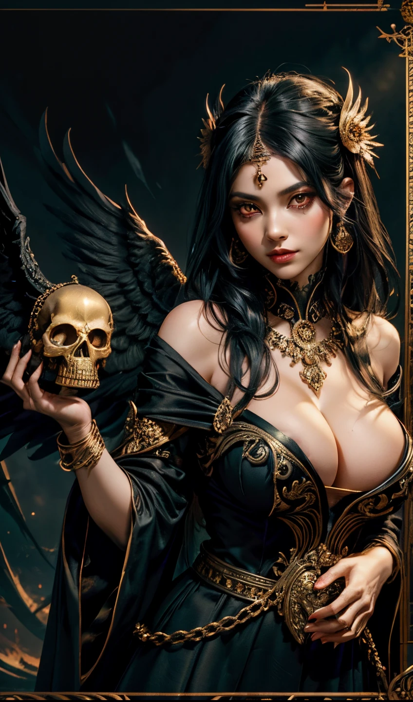 1 girl, red eyes, black hair, big breasts, gold ornament, hands holding skull, black feather wings, black satin long dress, cleavage, looking at viewers, tarot background, greenish aura